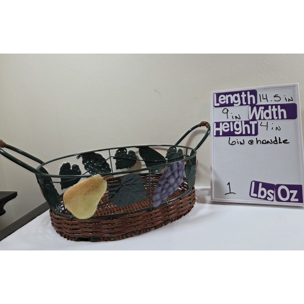 Vtg Pair Metal & Wicker Nesting Baskets W/Fruit Detail & Handles Oval Shape - Picture 3 of 8